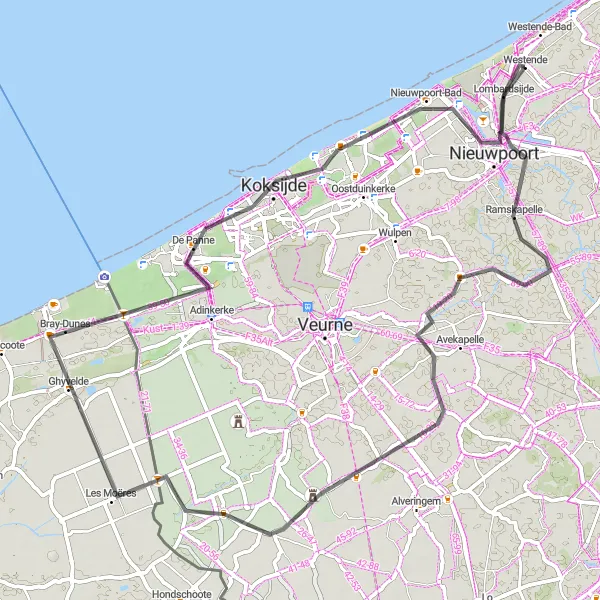 Karten-Miniaturansicht der Radinspiration "Ländliche Road-Tour nach Nieuwpoort" in Prov. West-Vlaanderen, Belgium. Erstellt vom Tarmacs.app-Routenplaner für Radtouren