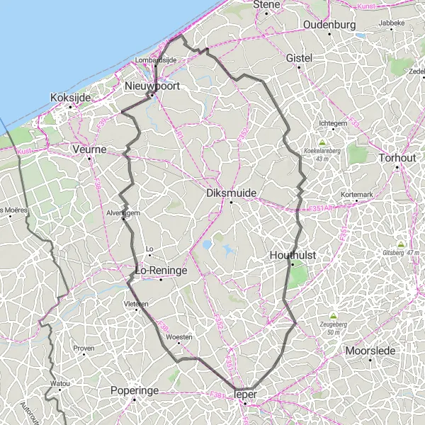Map miniature of "Westende to Ypres and Beyond" cycling inspiration in Prov. West-Vlaanderen, Belgium. Generated by Tarmacs.app cycling route planner
