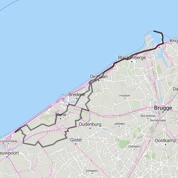 Miniature de la carte de l'inspiration cycliste "Exploration de la côte de Flandre occidentale" dans la Prov. West-Vlaanderen, Belgium. Générée par le planificateur d'itinéraire cycliste Tarmacs.app