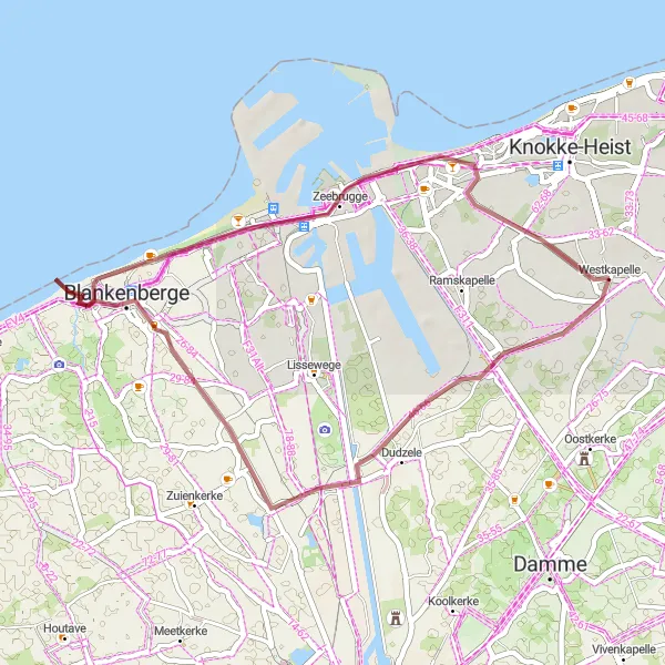 Miniatuurkaart van de fietsinspiratie "Verborgen pareltjes van Westkapelle" in Prov. West-Vlaanderen, Belgium. Gemaakt door de Tarmacs.app fietsrouteplanner