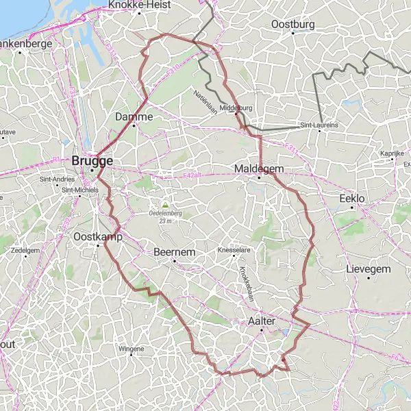 Miniatuurkaart van de fietsinspiratie "Gravelroute van Westkapelle naar Ruiselede" in Prov. West-Vlaanderen, Belgium. Gemaakt door de Tarmacs.app fietsrouteplanner