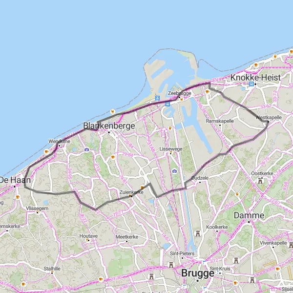 Miniatuurkaart van de fietsinspiratie "De kust van Westkapelle" in Prov. West-Vlaanderen, Belgium. Gemaakt door de Tarmacs.app fietsrouteplanner