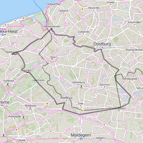Map miniature of "Along the Belgian Border" cycling inspiration in Prov. West-Vlaanderen, Belgium. Generated by Tarmacs.app cycling route planner