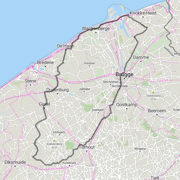 Map miniature of "Coastal Castles and Villages" cycling inspiration in Prov. West-Vlaanderen, Belgium. Generated by Tarmacs.app cycling route planner