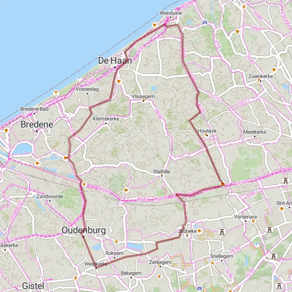 Map miniature of "Gravel Adventure in Westkerke" cycling inspiration in Prov. West-Vlaanderen, Belgium. Generated by Tarmacs.app cycling route planner