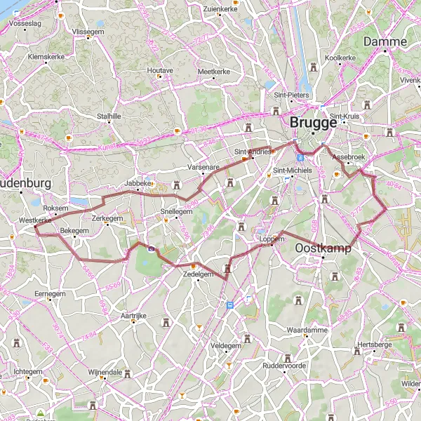 Miniatuurkaart van de fietsinspiratie "Verkenning van Sint-Andries en Loppem" in Prov. West-Vlaanderen, Belgium. Gemaakt door de Tarmacs.app fietsrouteplanner