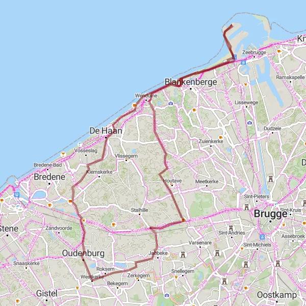 Miniature de la carte de l'inspiration cycliste "Parcours gravel entre Oudenburg et Roksem" dans la Prov. West-Vlaanderen, Belgium. Générée par le planificateur d'itinéraire cycliste Tarmacs.app