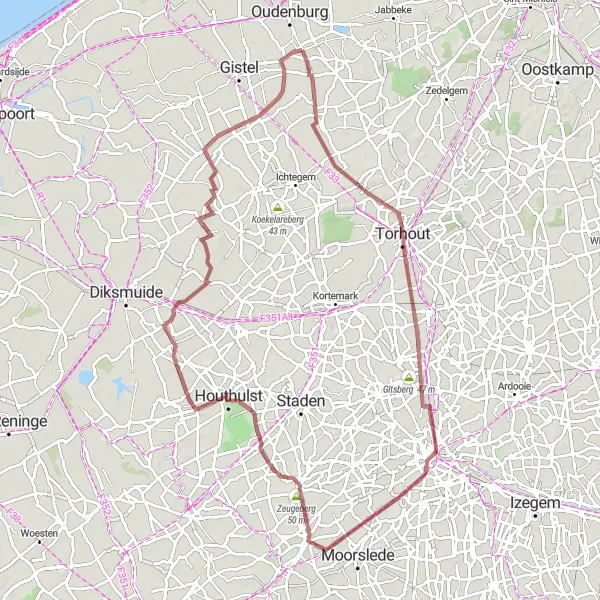 Map miniature of "Coastal Gravel Adventure" cycling inspiration in Prov. West-Vlaanderen, Belgium. Generated by Tarmacs.app cycling route planner