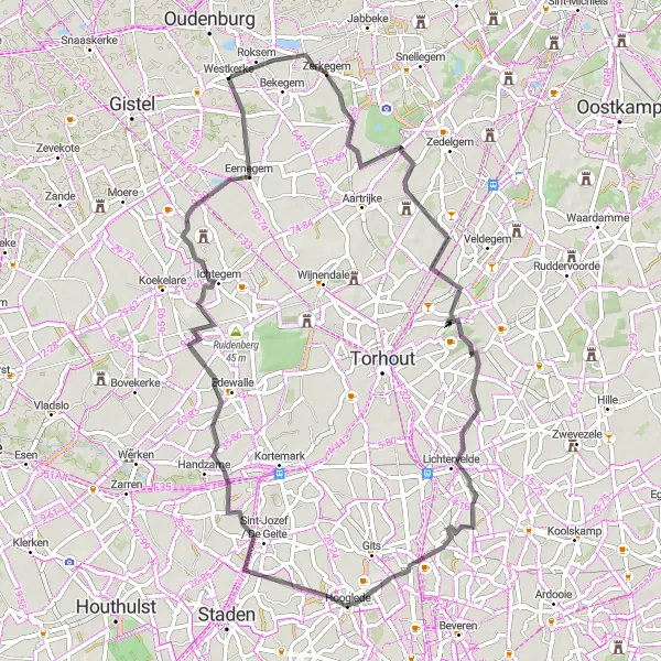 Karten-Miniaturansicht der Radinspiration "Entdecken Sie die ländliche Schönheit" in Prov. West-Vlaanderen, Belgium. Erstellt vom Tarmacs.app-Routenplaner für Radtouren