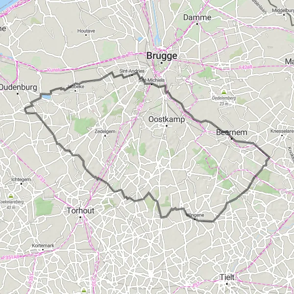 Map miniature of "Rural Roads and Historic Villages" cycling inspiration in Prov. West-Vlaanderen, Belgium. Generated by Tarmacs.app cycling route planner