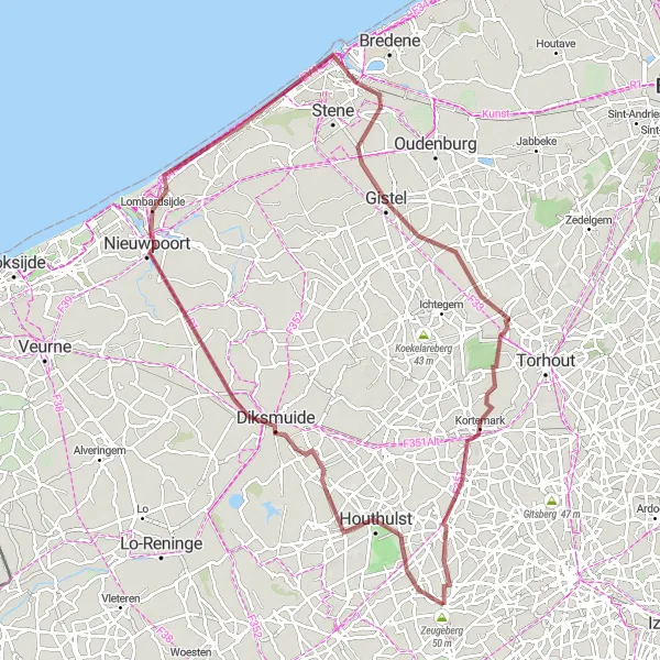 Miniatuurkaart van de fietsinspiratie "Uitdagende graveltocht door West-Vlaanderen" in Prov. West-Vlaanderen, Belgium. Gemaakt door de Tarmacs.app fietsrouteplanner