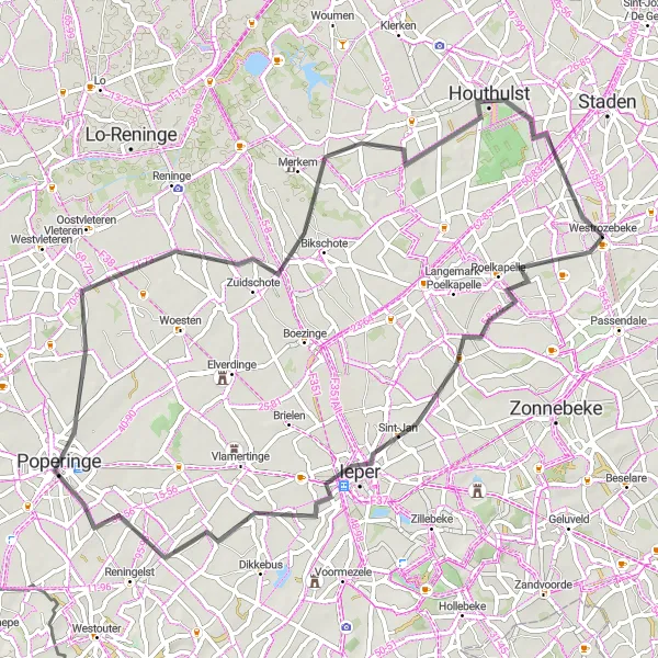 Miniatuurkaart van de fietsinspiratie "Westrozebeke naar Poperinge" in Prov. West-Vlaanderen, Belgium. Gemaakt door de Tarmacs.app fietsrouteplanner