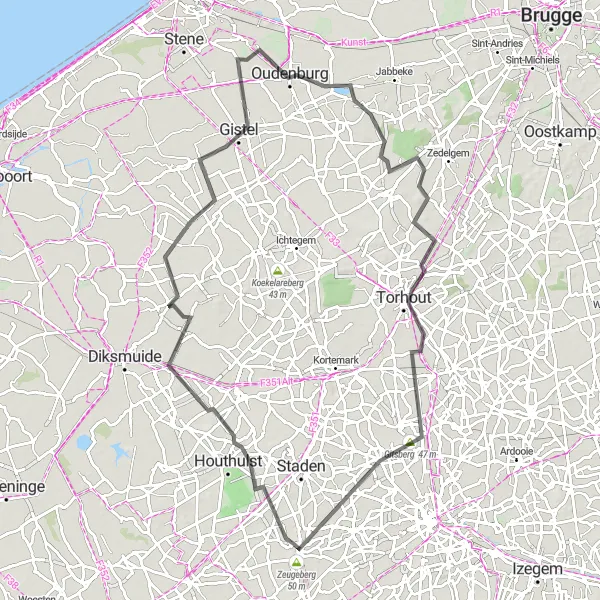 Map miniature of "Countryside and Coastal Tour" cycling inspiration in Prov. West-Vlaanderen, Belgium. Generated by Tarmacs.app cycling route planner