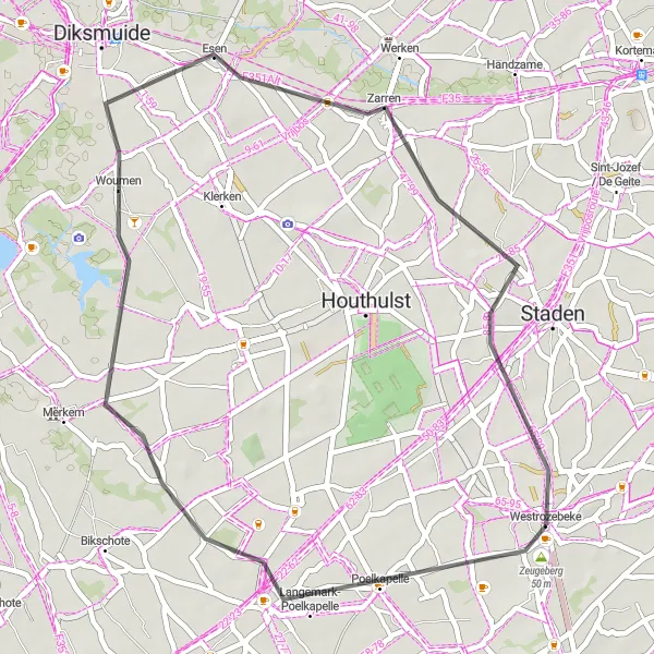 Map miniature of "Westrozebeke and its Surroundings" cycling inspiration in Prov. West-Vlaanderen, Belgium. Generated by Tarmacs.app cycling route planner