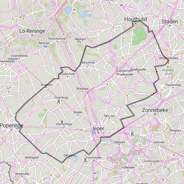 Karten-Miniaturansicht der Radinspiration "Kulturelle Highlights von Westrozebeke" in Prov. West-Vlaanderen, Belgium. Erstellt vom Tarmacs.app-Routenplaner für Radtouren