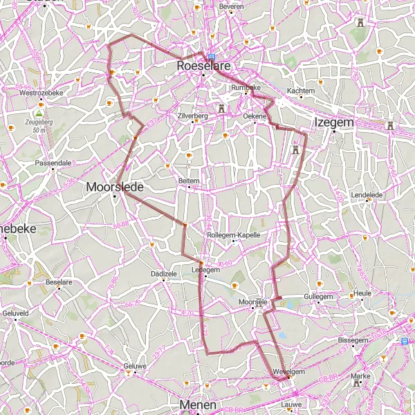 Karten-Miniaturansicht der Radinspiration "Gravelroute von Wevelgem nach Ledegem und Oostnieuwkerke" in Prov. West-Vlaanderen, Belgium. Erstellt vom Tarmacs.app-Routenplaner für Radtouren