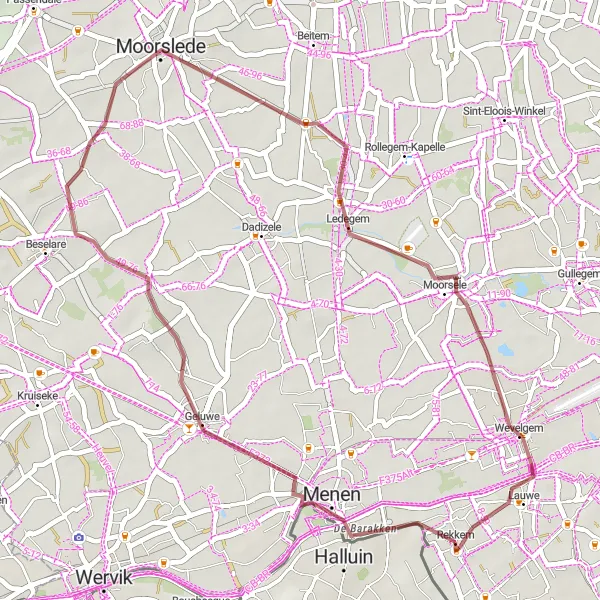 Miniatuurkaart van de fietsinspiratie "Korte gravelroute rond Wevelgem" in Prov. West-Vlaanderen, Belgium. Gemaakt door de Tarmacs.app fietsrouteplanner