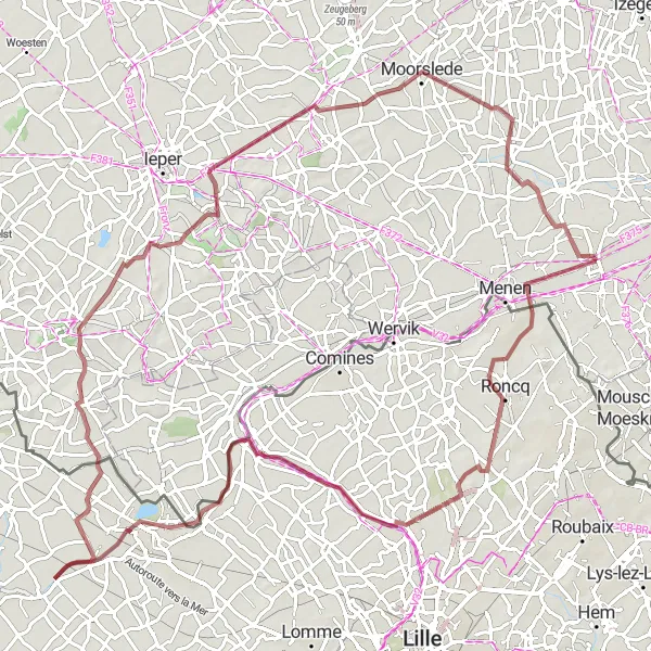 Karten-Miniaturansicht der Radinspiration "Abwechslungsreiche Graveltour von Bondues nach Wevelgem" in Prov. West-Vlaanderen, Belgium. Erstellt vom Tarmacs.app-Routenplaner für Radtouren