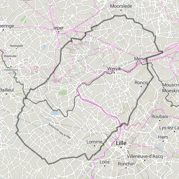 Miniatuurkaart van de fietsinspiratie "Wegroute van Wevelgem naar Ledegem" in Prov. West-Vlaanderen, Belgium. Gemaakt door de Tarmacs.app fietsrouteplanner