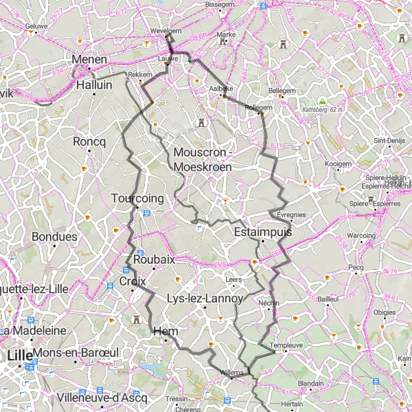 Karten-Miniaturansicht der Radinspiration "Rundradweg ab Wevelgem" in Prov. West-Vlaanderen, Belgium. Erstellt vom Tarmacs.app-Routenplaner für Radtouren
