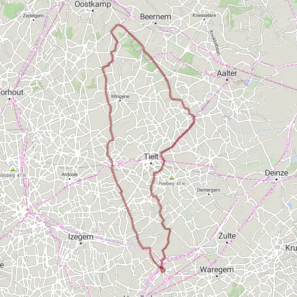 Miniatuurkaart van de fietsinspiratie "Gravelroute van Wielsbeke naar Ruiselede" in Prov. West-Vlaanderen, Belgium. Gemaakt door de Tarmacs.app fietsrouteplanner