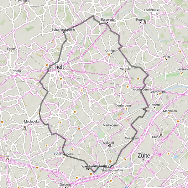 Miniature de la carte de l'inspiration cycliste "Boucle cycliste sur route à proximité de Wielsbeke" dans la Prov. West-Vlaanderen, Belgium. Générée par le planificateur d'itinéraire cycliste Tarmacs.app