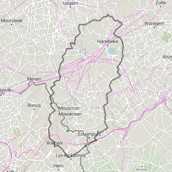 Map miniature of "Scenic Loop of Landscapes" cycling inspiration in Prov. West-Vlaanderen, Belgium. Generated by Tarmacs.app cycling route planner