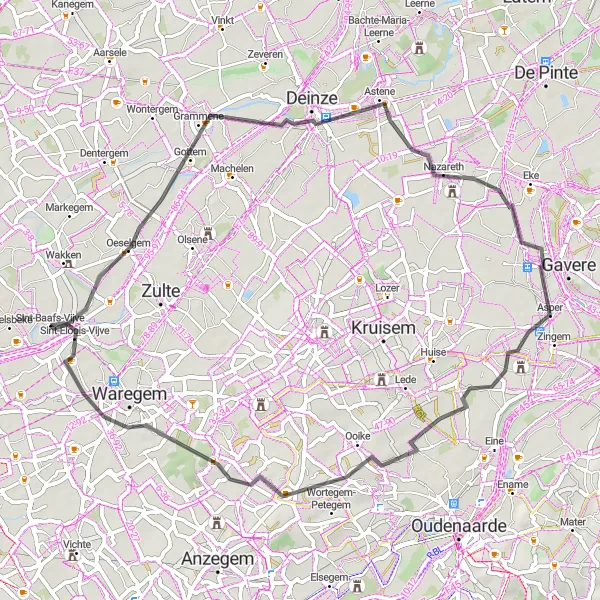 Miniatuurkaart van de fietsinspiratie "Historische route rond Wielsbeke" in Prov. West-Vlaanderen, Belgium. Gemaakt door de Tarmacs.app fietsrouteplanner