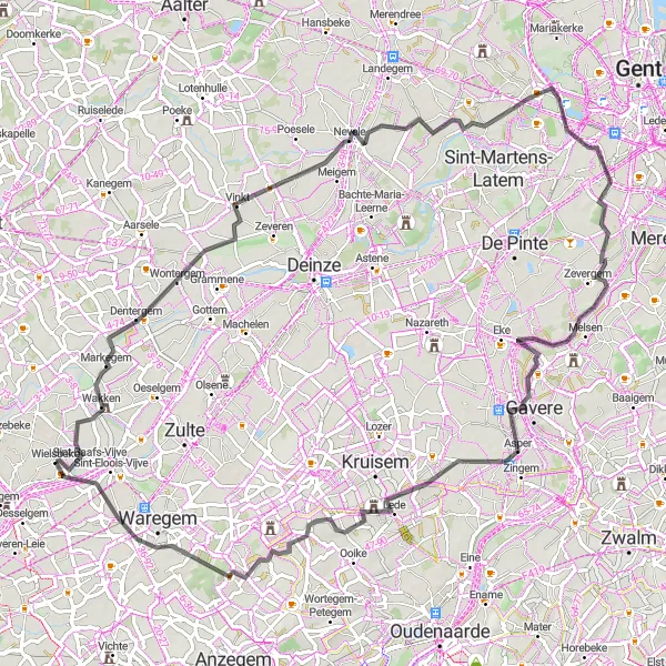 Miniature de la carte de l'inspiration cycliste "Parcours de Wielsbeke à Nokereberg" dans la Prov. West-Vlaanderen, Belgium. Générée par le planificateur d'itinéraire cycliste Tarmacs.app
