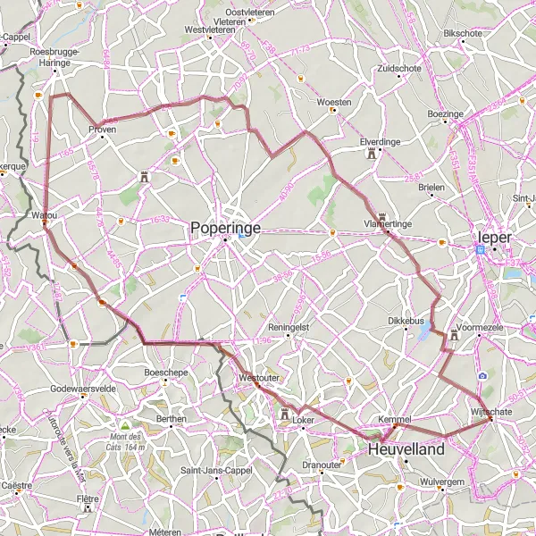 Miniature de la carte de l'inspiration cycliste "La Boucle de Kemmelberg" dans la Prov. West-Vlaanderen, Belgium. Générée par le planificateur d'itinéraire cycliste Tarmacs.app