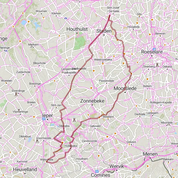 Miniature de la carte de l'inspiration cycliste "Parcours de Zillebeke" dans la Prov. West-Vlaanderen, Belgium. Générée par le planificateur d'itinéraire cycliste Tarmacs.app