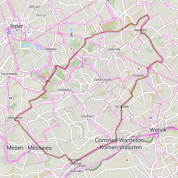 Miniatuurkaart van de fietsinspiratie "Grindwegen rond Wijtschate" in Prov. West-Vlaanderen, Belgium. Gemaakt door de Tarmacs.app fietsrouteplanner