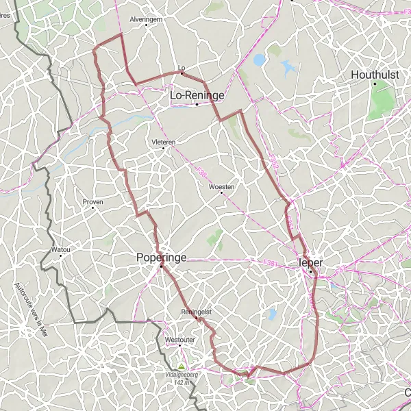 Map miniature of "Gravel Expedition to Boezinge" cycling inspiration in Prov. West-Vlaanderen, Belgium. Generated by Tarmacs.app cycling route planner