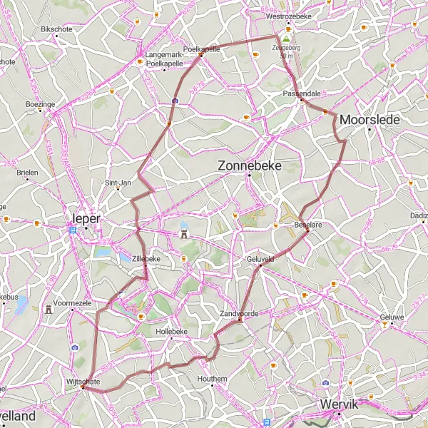 Miniatuurkaart van de fietsinspiratie "Gravelroute rond Wijtschate" in Prov. West-Vlaanderen, Belgium. Gemaakt door de Tarmacs.app fietsrouteplanner