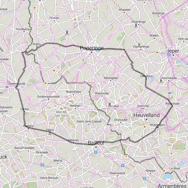 Miniature de la carte de l'inspiration cycliste "Itinéraire de Wulvergem" dans la Prov. West-Vlaanderen, Belgium. Générée par le planificateur d'itinéraire cycliste Tarmacs.app