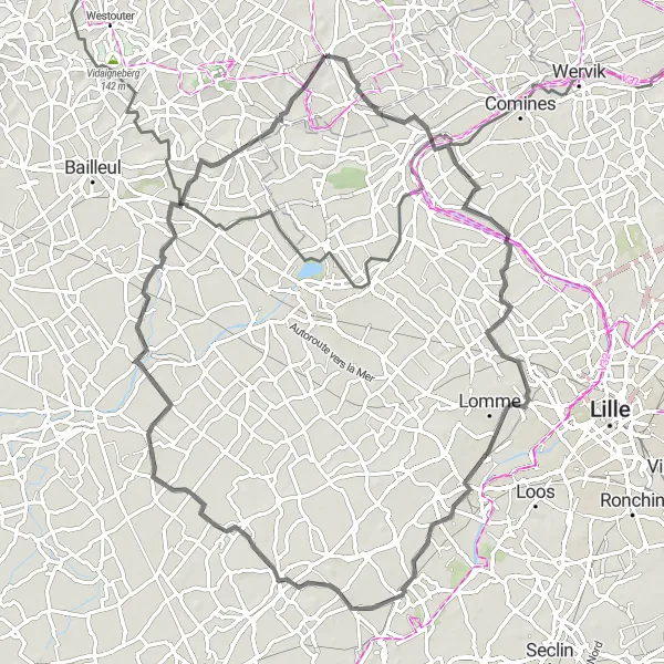 Miniatuurkaart van de fietsinspiratie "Wegroute rond Wijtschate" in Prov. West-Vlaanderen, Belgium. Gemaakt door de Tarmacs.app fietsrouteplanner