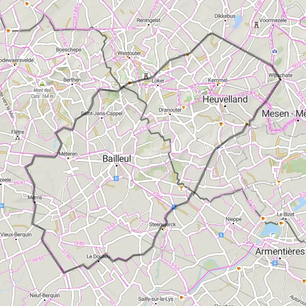 Miniature de la carte de l'inspiration cycliste "La Route des Collines de Vidaigneberg" dans la Prov. West-Vlaanderen, Belgium. Générée par le planificateur d'itinéraire cycliste Tarmacs.app
