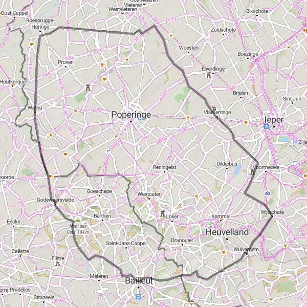 Miniatuurkaart van de fietsinspiratie "Heuvels en Kastelen" in Prov. West-Vlaanderen, Belgium. Gemaakt door de Tarmacs.app fietsrouteplanner