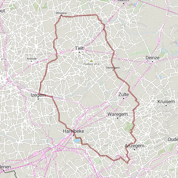 Karten-Miniaturansicht der Radinspiration "Gravel-Tour nach Aarsele, Olsene, Tjammelberg, Tiegemberg, Harelbeke und Egem" in Prov. West-Vlaanderen, Belgium. Erstellt vom Tarmacs.app-Routenplaner für Radtouren