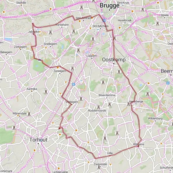 Miniatuurkaart van de fietsinspiratie "Gravelroute rond Wingene en omgeving" in Prov. West-Vlaanderen, Belgium. Gemaakt door de Tarmacs.app fietsrouteplanner