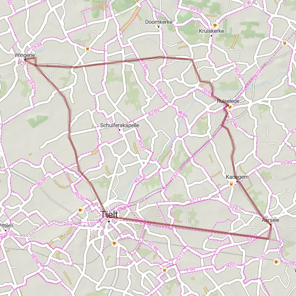 Miniatuurkaart van de fietsinspiratie "Korte gravelroute via Aarsele en Tielt" in Prov. West-Vlaanderen, Belgium. Gemaakt door de Tarmacs.app fietsrouteplanner