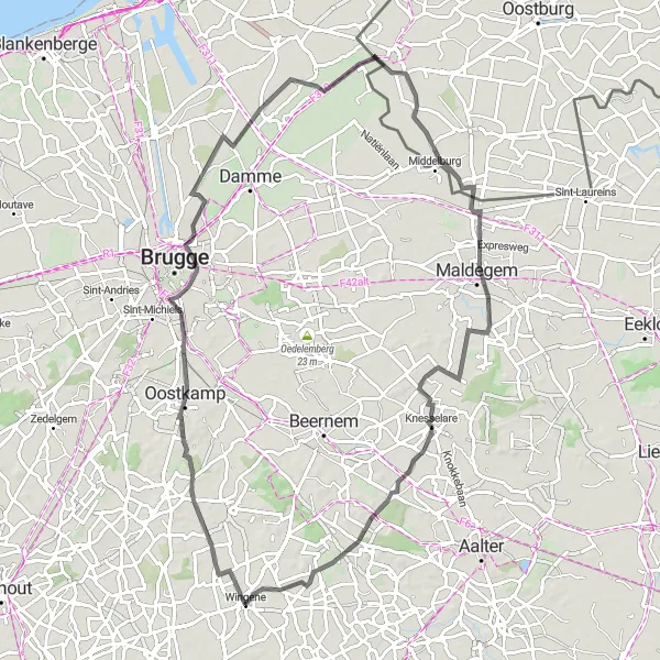 Karten-Miniaturansicht der Radinspiration "Rundfahrt von Wingene nach Oostkamp, Hoeke, Kleit und zurück" in Prov. West-Vlaanderen, Belgium. Erstellt vom Tarmacs.app-Routenplaner für Radtouren