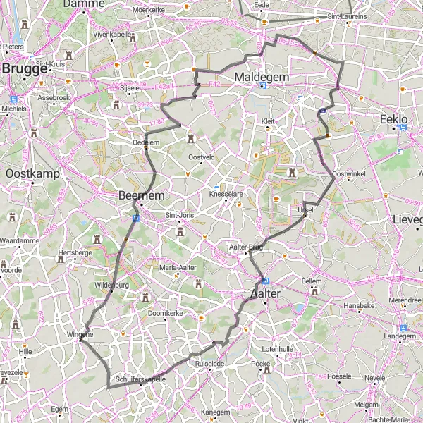 Miniatuurkaart van de fietsinspiratie "Avontuurlijke roadtrip via Wildenburg, Oedelem en Balgerhoeke" in Prov. West-Vlaanderen, Belgium. Gemaakt door de Tarmacs.app fietsrouteplanner