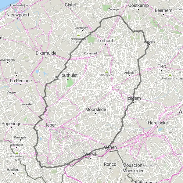 Miniatuurkaart van de fietsinspiratie "Uitdagende fietsroute door Ardooie en Neerwasten" in Prov. West-Vlaanderen, Belgium. Gemaakt door de Tarmacs.app fietsrouteplanner