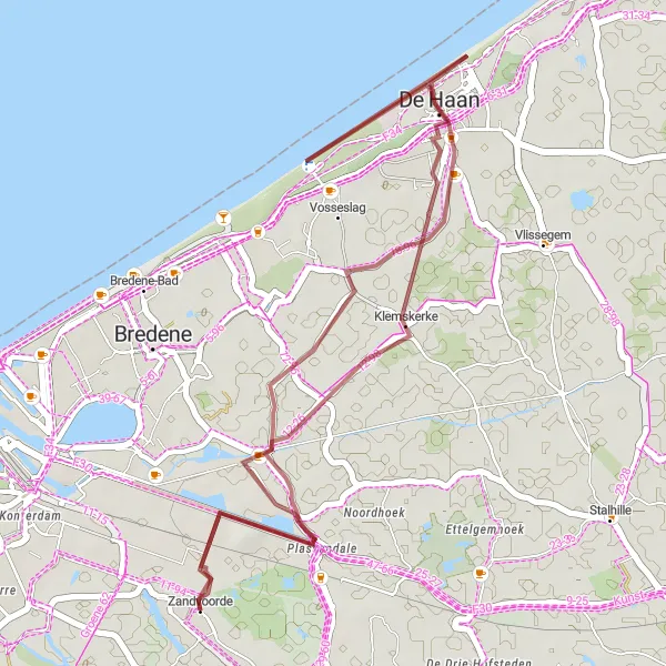 Miniature de la carte de l'inspiration cycliste "Excursion gravier à Klemskerke et De Haan" dans la Prov. West-Vlaanderen, Belgium. Générée par le planificateur d'itinéraire cycliste Tarmacs.app