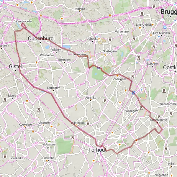 Karten-Miniaturansicht der Radinspiration "Schotterroute um Zandvoorde" in Prov. West-Vlaanderen, Belgium. Erstellt vom Tarmacs.app-Routenplaner für Radtouren