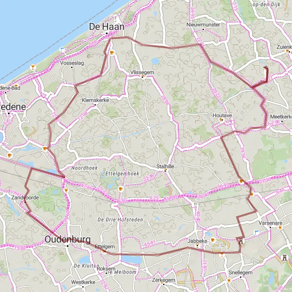 Miniatuurkaart van de fietsinspiratie "Gravelroute Zandvoorde - Oudenburg" in Prov. West-Vlaanderen, Belgium. Gemaakt door de Tarmacs.app fietsrouteplanner