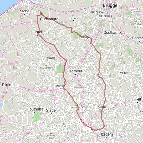 Miniature de la carte de l'inspiration cycliste "Tour de Zandvoorde et environ en gravier" dans la Prov. West-Vlaanderen, Belgium. Générée par le planificateur d'itinéraire cycliste Tarmacs.app