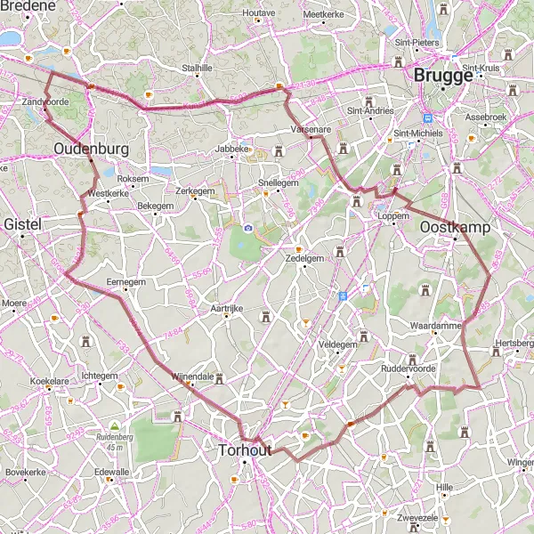 Miniatuurkaart van de fietsinspiratie "Gravelroute van Plassendale naar Oudenburg" in Prov. West-Vlaanderen, Belgium. Gemaakt door de Tarmacs.app fietsrouteplanner