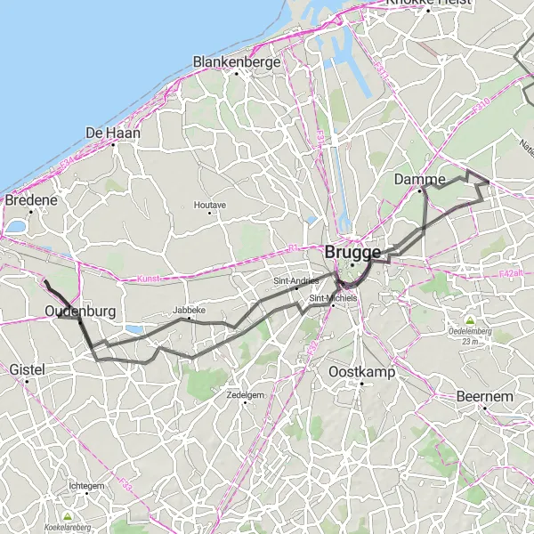 Miniature de la carte de l'inspiration cycliste "Balade sur route de Zandvoorde à Damme" dans la Prov. West-Vlaanderen, Belgium. Générée par le planificateur d'itinéraire cycliste Tarmacs.app